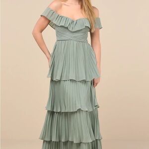 Lulu's Strapless Pleated Sage Dress